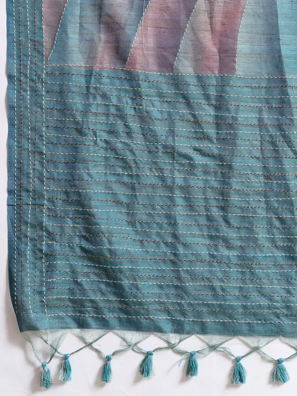 Turquoise__Striped_Kantha_Work_Silk_Saree_For_Women