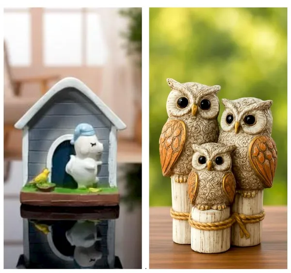 White_And_Light_Orange_Premium_Resin_Cute_Puppy_With_Kennel_Miniature_And_Owl_Family_Showpiece_For_Table_Decor_|_13_Cm_|_Pack_Of_2