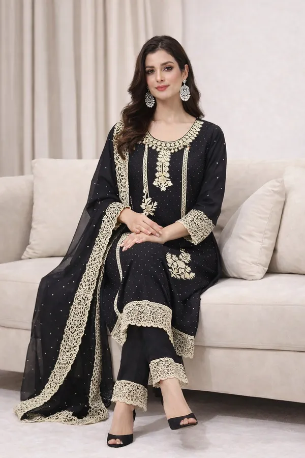 Elegant_Black_Star_Georgette_Churidar_material_with_Embroidery_|_Kurta,_Pant_&_Dupatta_for_Festive_&_Party_Wear