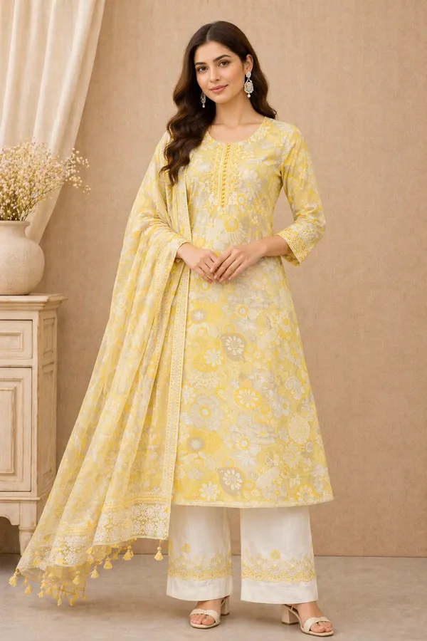 Elegant_Yellow_Pure_Cotton_Churidar_Material_with_Dupatta_|_Printed_Kurta,_Pant_&_Dupatta_Fabric_for_Daily_&_Festive_Wear