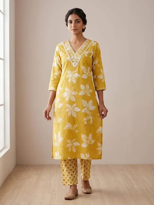 Yellow_Floral_Printed_Cotton_Kurta_Pant_Set_for_Women_–_Elegant_V-Neck_Ethnic_Co-ord_|_Haya_Fashions