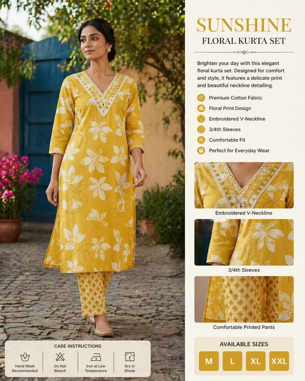 Yellow_Floral_Printed_Cotton_Kurta_Pant_Set_for_Women_–_Elegant_V-Neck_Ethnic_Co-ord_|_Haya_Fashions