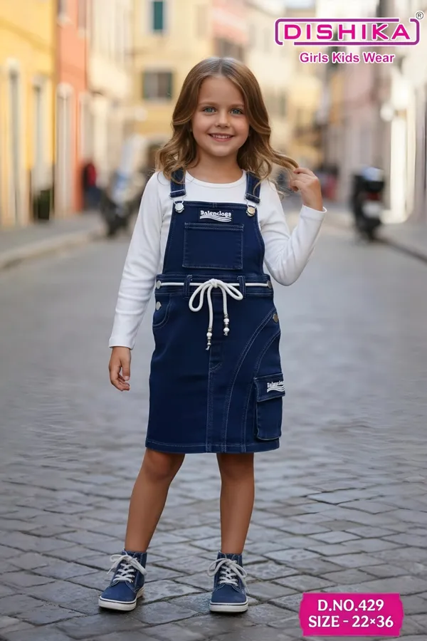 Blue_And_White_Denim_&_Cotton_Dungaree_Dress_With_Top_Set_For_Girls