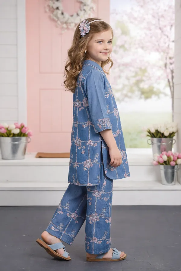 Sky_Blue_Denim_Cotton_Blend_Kurta_Pajama_Set_For_Girls