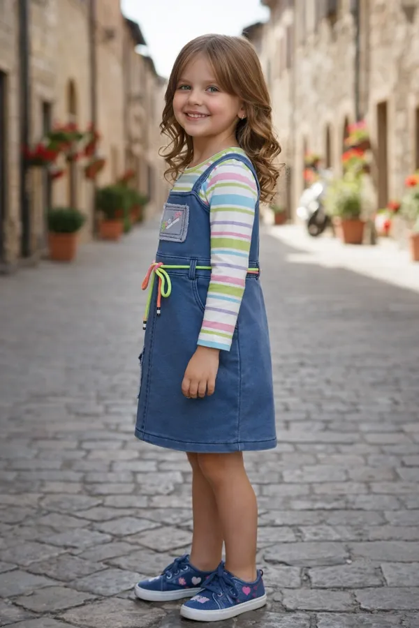 Multicolour_Denim_&_Cotton_Dungaree_Dress_With_T-Shirt_Set_For_Girls