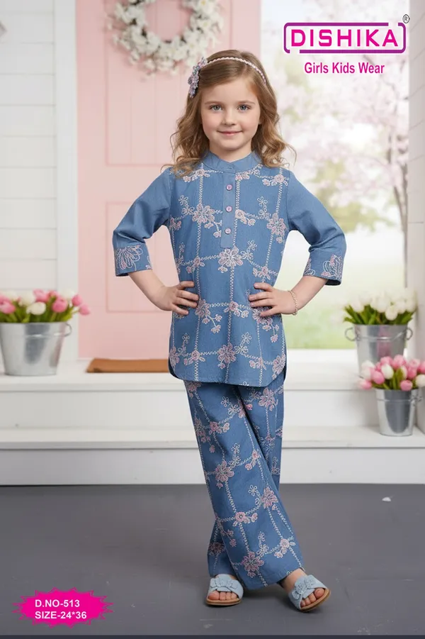 Sky_Blue_Denim_Cotton_Blend_Kurta_Pajama_Set_For_Girls