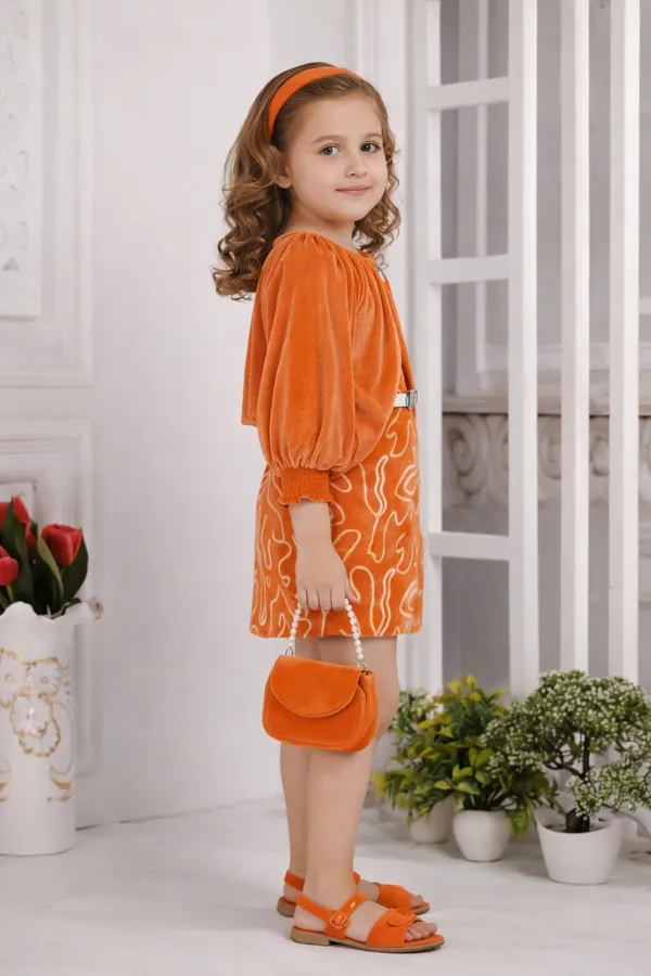Orange_Polyester_Blend_Dress_With_Accessories_Set_For_Girls