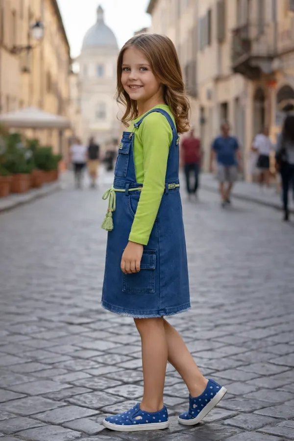 Blue_And_Green_Denim_&_Cotton_Pinafore_Dress_With_Top_Set_For_Girls