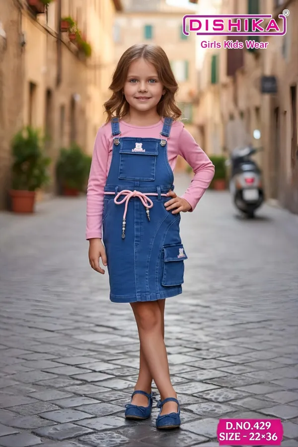 Blue_And_Pink_Denim_&_Cotton_Dungaree_Dress_With_Top_Set_For_Girls