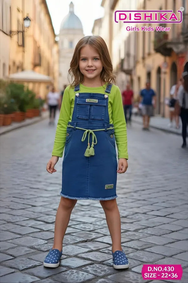 Blue_And_Green_Denim_&_Cotton_Pinafore_Dress_With_Top_Set_For_Girls