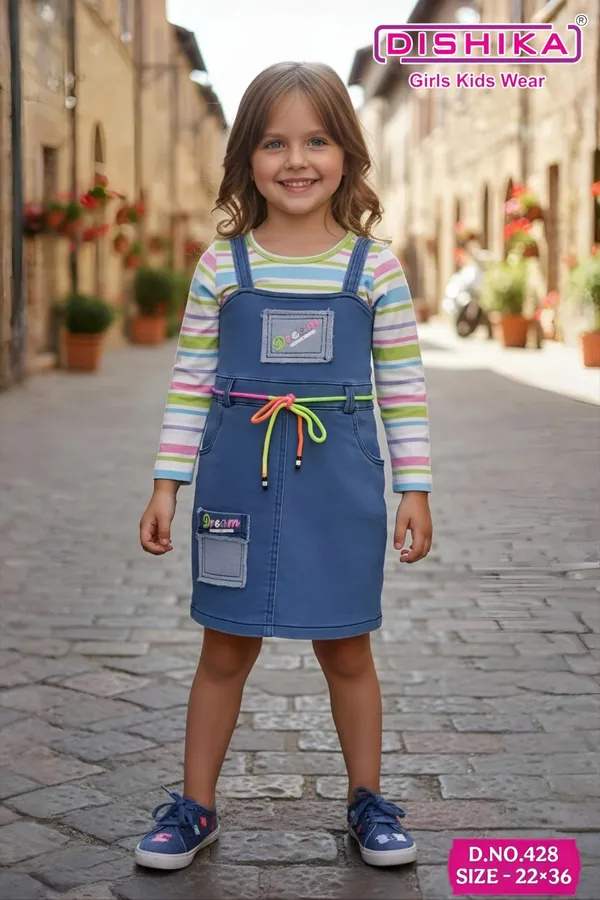 Multicolour_Denim_&_Cotton_Dungaree_Dress_With_T-Shirt_Set_For_Girls