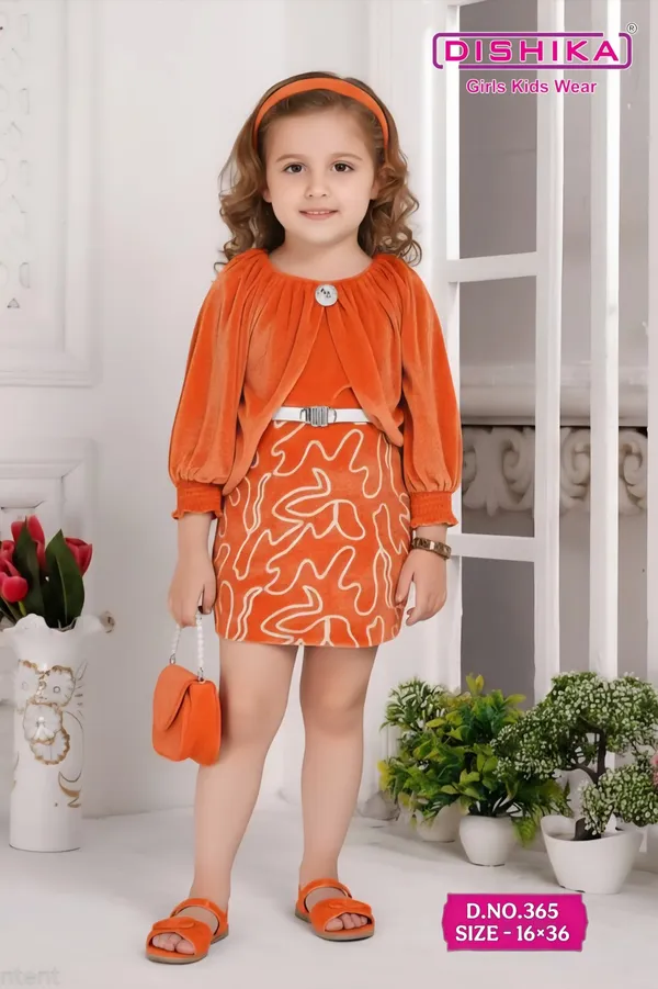 Orange_Polyester_Blend_Dress_With_Accessories_Set_For_Girls