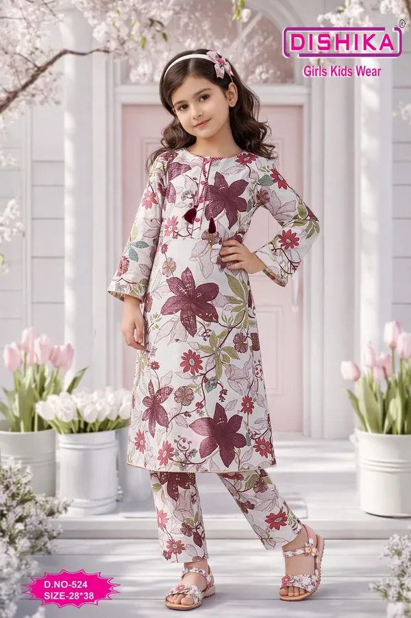 White_And_Purple_Cotton_Kurta_Pant_Set_For_Girls