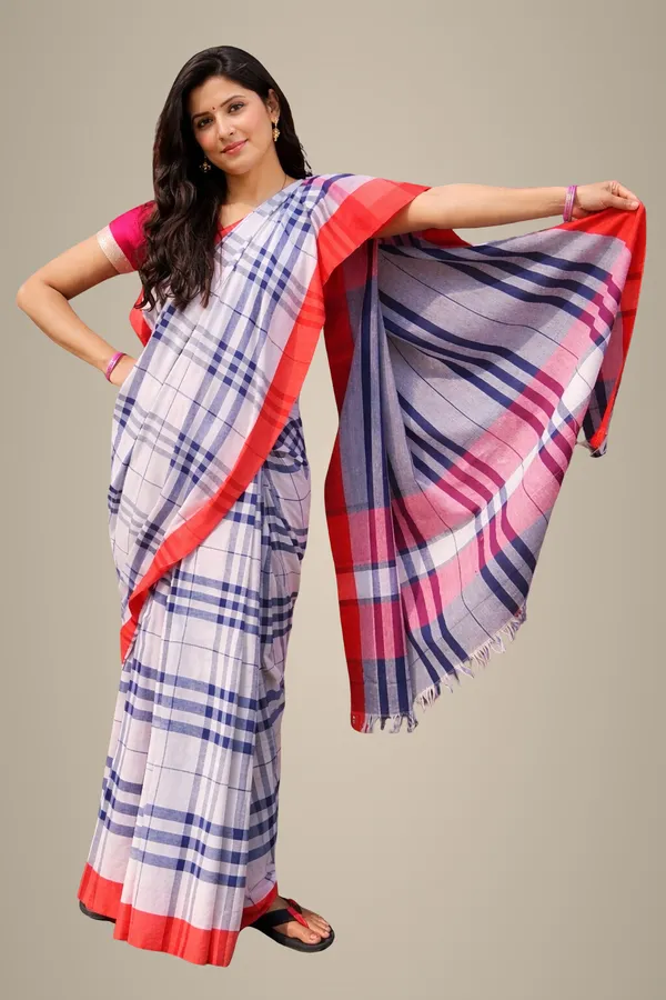 White_&_Blue_Cotton_Checkered_Saree_For_Women