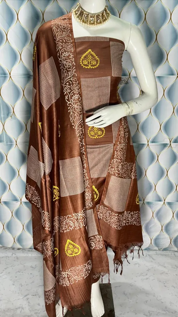 Brown_Embroidered_Fabric_Unstitched_Suit_Set_For_Women
