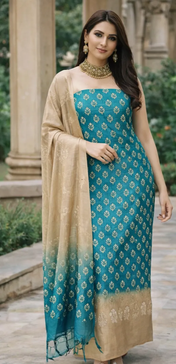 Teal_&_Gold_Cotton_Unstitched_Suit_Set_For_Women