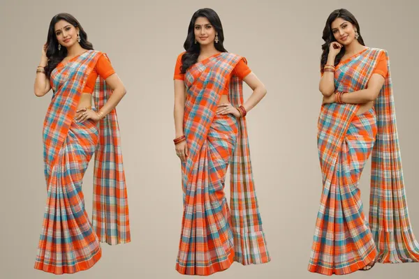 Orange_&_Blue_Cotton_Checkered_Saree_For_Women