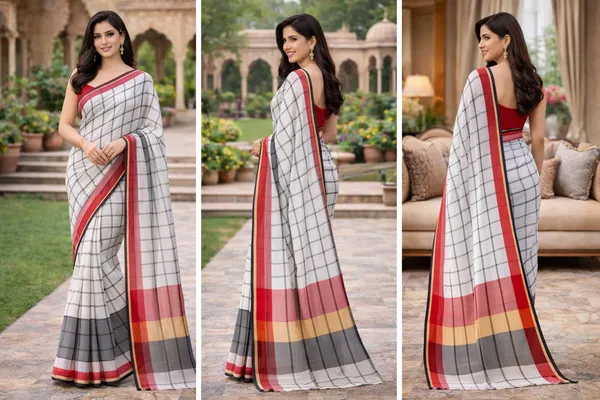 White_&_Red_&_Grey_Cotton_Checkered_Saree_For_Women