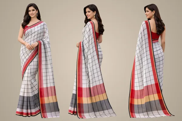 White_&_Red_&_Grey_Cotton_Checkered_Saree_For_Women