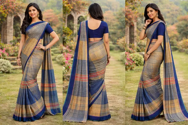 Blue_Cotton_Checkered_Saree_For_Women