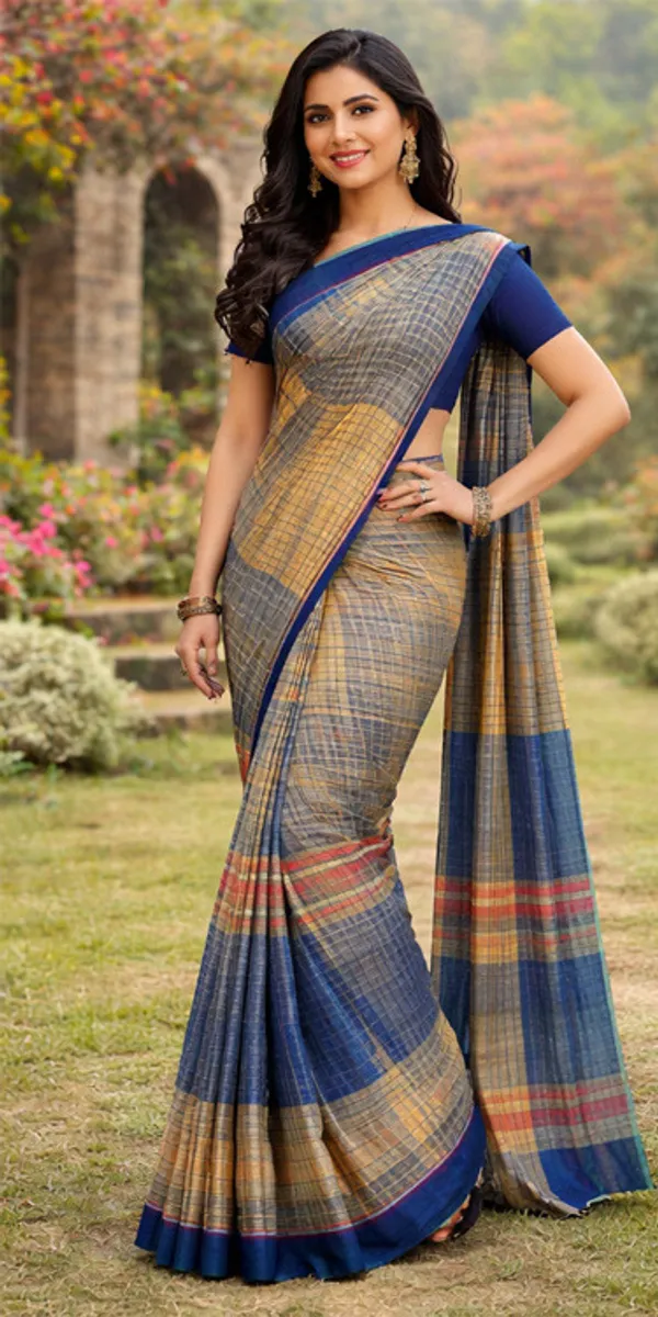 Blue_Cotton_Checkered_Saree_For_Women