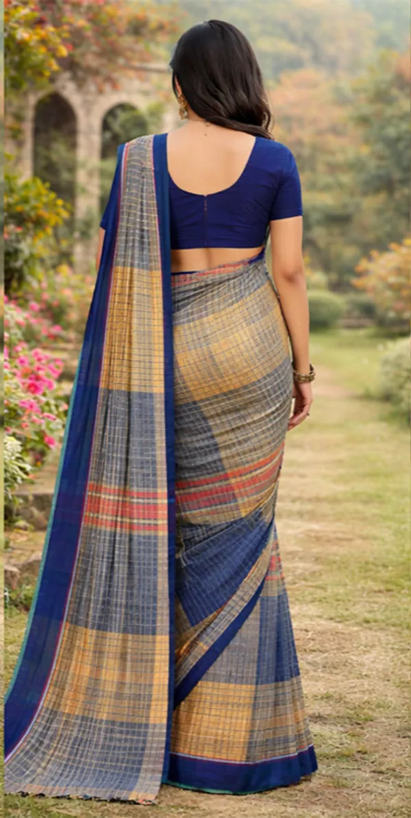 Blue_Cotton_Checkered_Saree_For_Women