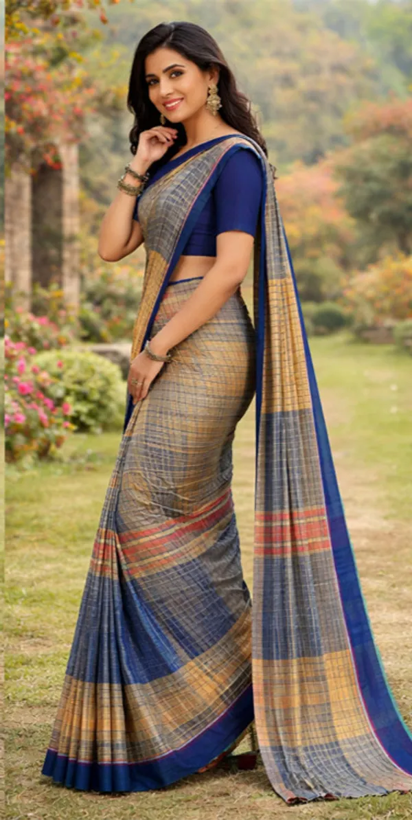 Blue_Cotton_Checkered_Saree_For_Women