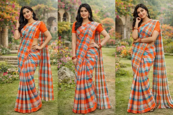 Orange_&_Blue_Cotton_Checkered_Saree_For_Women