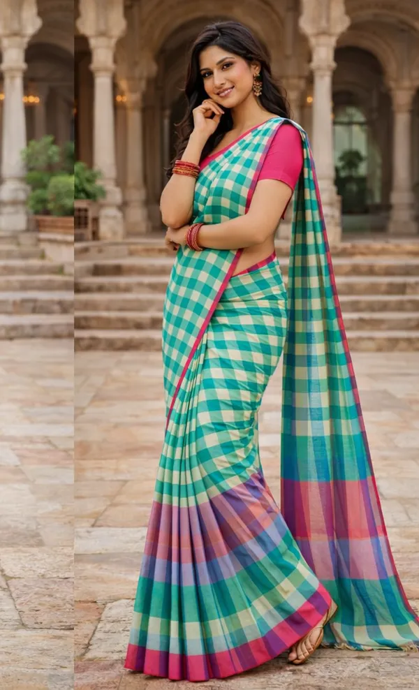 Turquoise_&_Pink_Cotton_Checkered_Saree_For_Women