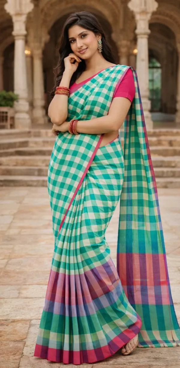 Turquoise_&_Pink_Cotton_Checkered_Saree_For_Women