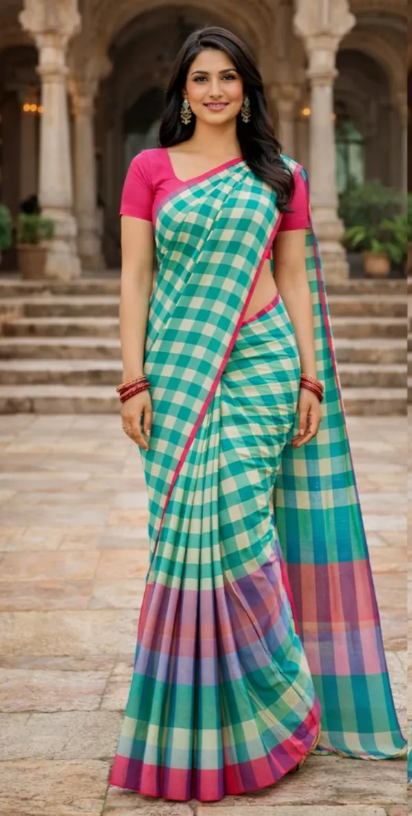 Turquoise_&_Pink_Cotton_Checkered_Saree_For_Women