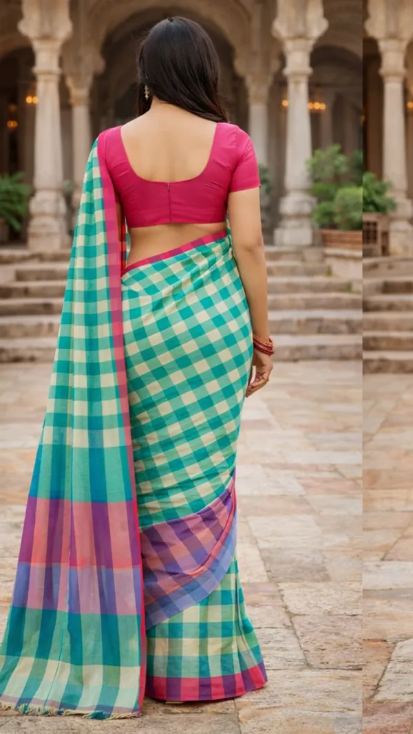 Turquoise_&_Pink_Cotton_Checkered_Saree_For_Women
