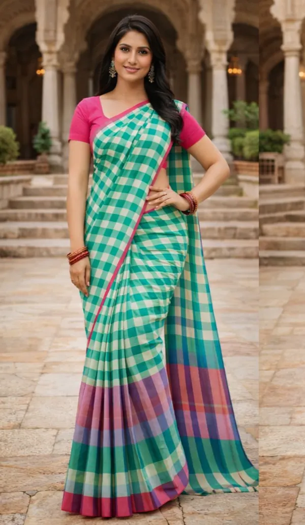 Turquoise_&_Pink_Cotton_Checkered_Saree_For_Women