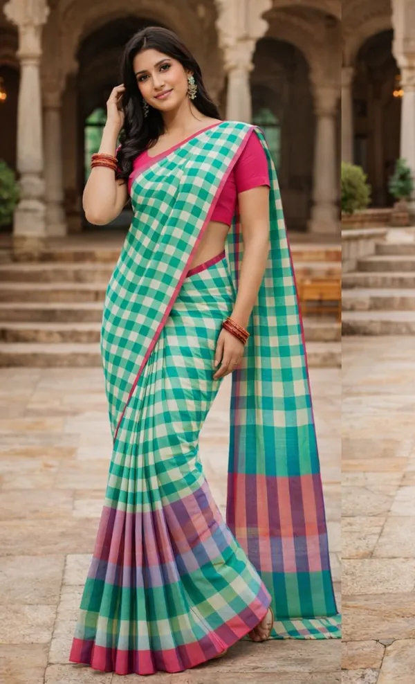Turquoise_&_Pink_Cotton_Checkered_Saree_For_Women