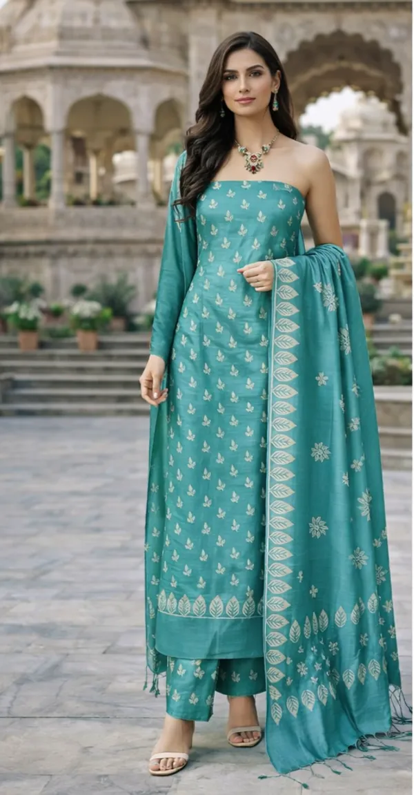 Turquoise_Blue_&_Gold_Silk_Unstitched_Suit_Set_For_Women