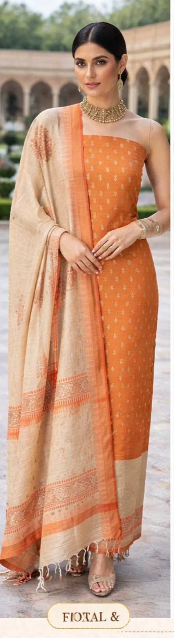 Beige_&_Orange_Silk_Dress_Material_For_Women