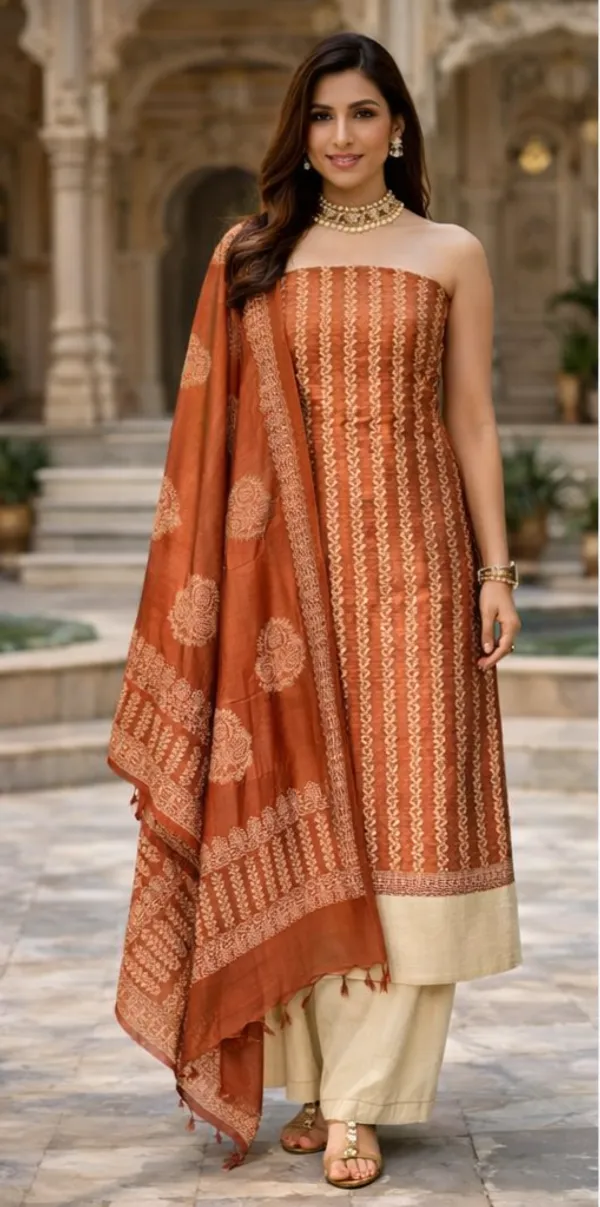 Rust_Orange_Silk_Unstitched_Suit_Set_For_Women