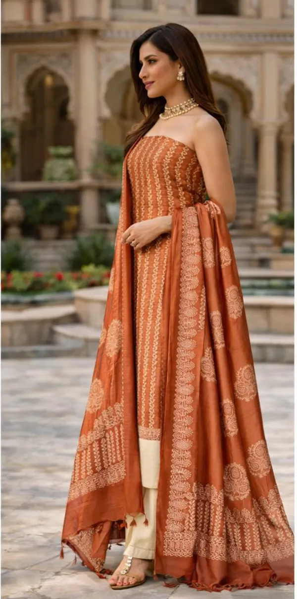 Rust_Orange_Silk_Unstitched_Suit_Set_For_Women