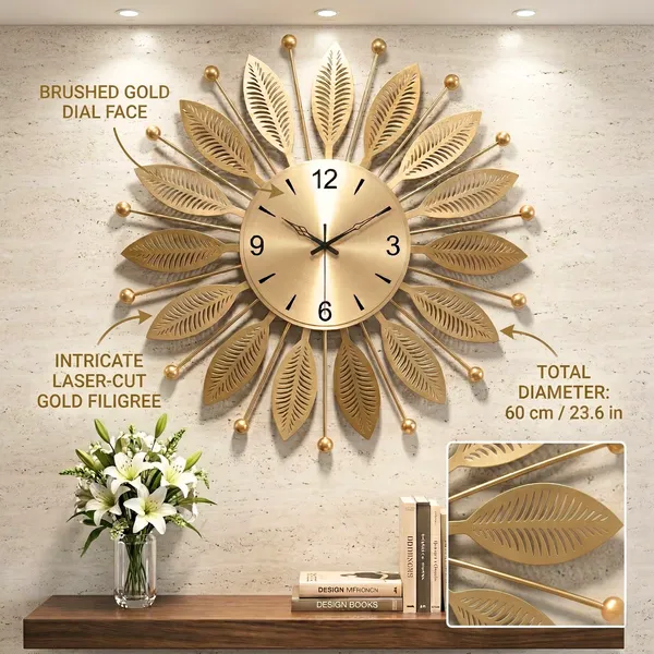 Luxury_Gold_Metal_Leaf_Wall_Clock_–_Elegant_Sunburst_Designer_Wall_Clock_for_Living_Room_&_Office_Décor