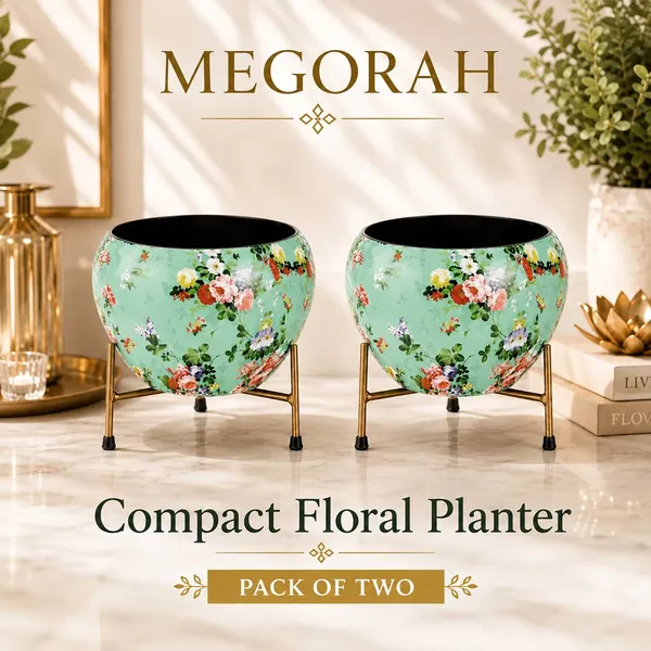 MEGORAH'S_Mint_Green_Floral_Printed_Round_Planter_Pot_with_Gold_Metal_Stand