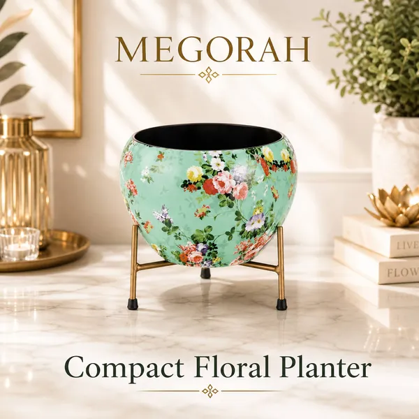 MEGORAH'S_Mint_Green_Floral_Printed_Round_Planter_Pot_with_Gold_Metal_Stand