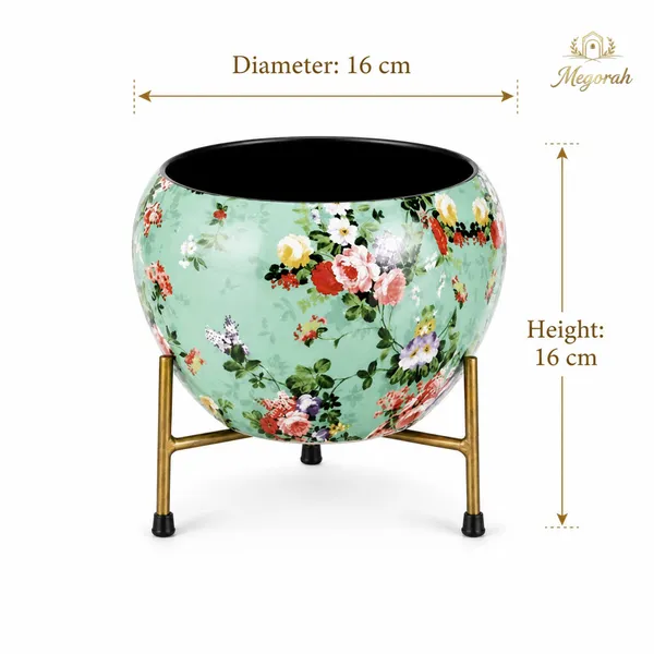 MEGORAH'S_Mint_Green_Floral_Printed_Round_Planter_Pot_with_Gold_Metal_Stand
