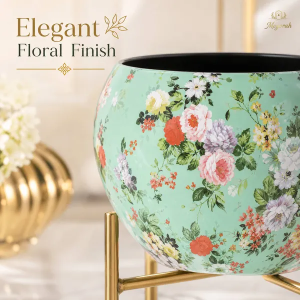 MEGORAH'S_Mint_Green_Floral_Printed_Round_Planter_Pot_with_Gold_Metal_Stand