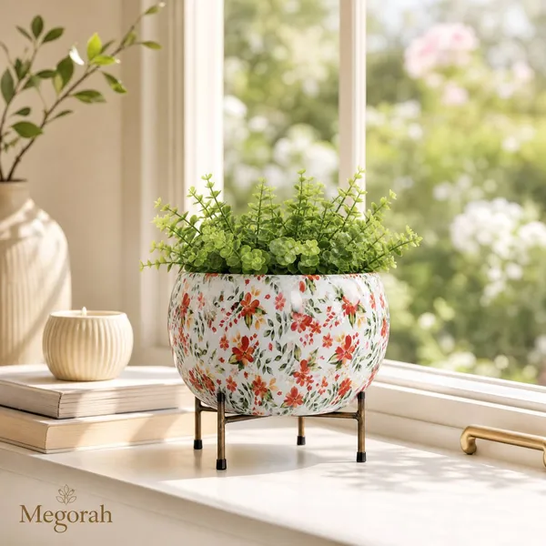 MEGORAH_Floral_Printed_Round_Planter_Pot_with_Metal_Stand_(_pack_of_02_)