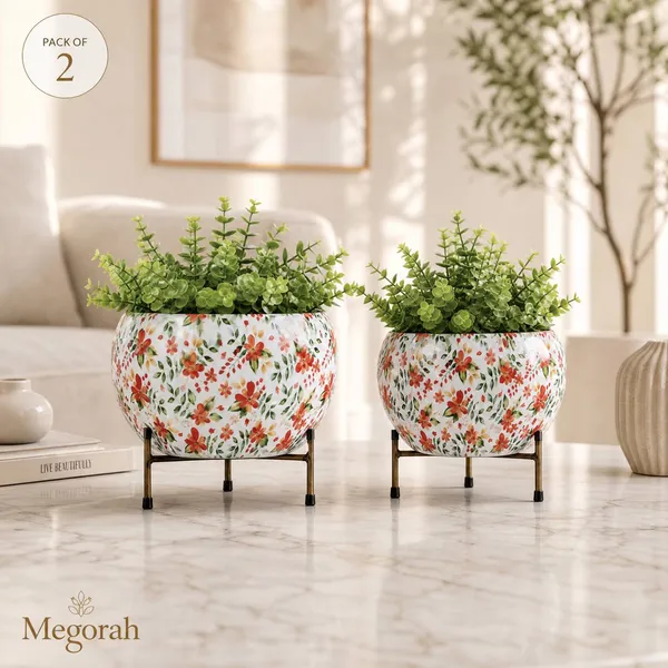 MEGORAH_Floral_Printed_Round_Planter_Pot_with_Metal_Stand_(_pack_of_02_)