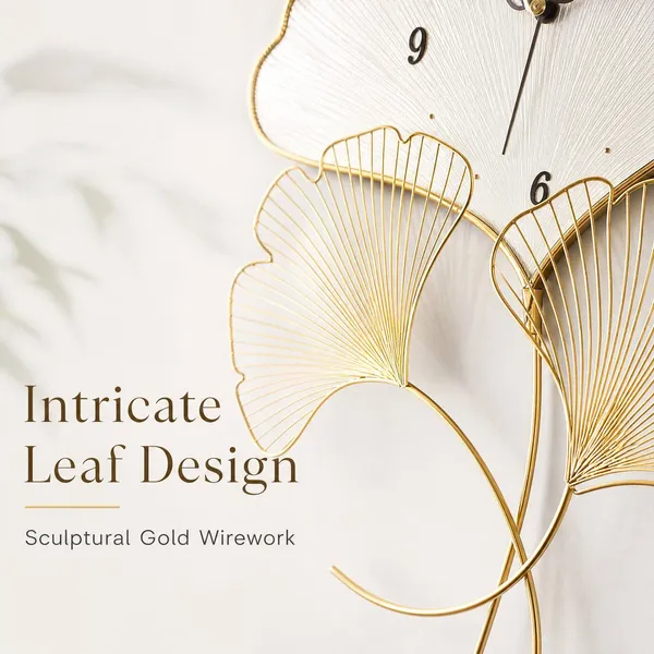 Megorah_Élan_Ginkgo_Luxury_Metal_Wall_Clock_|_Modern_Gold_&_White_Designer_Wall_Decor_|_Premium_Living_Room,_Bedroom_&_Office_Timepiece