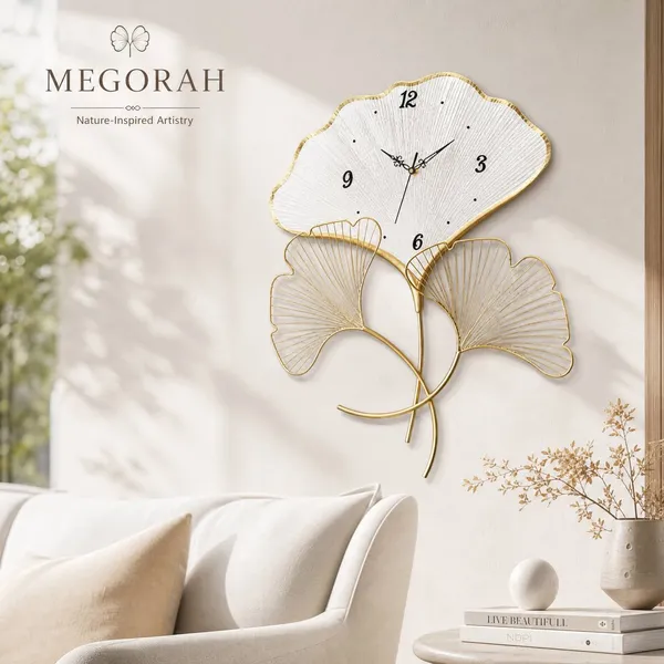 Megorah_Élan_Ginkgo_Luxury_Metal_Wall_Clock_|_Modern_Gold_&_White_Designer_Wall_Decor_|_Premium_Living_Room,_Bedroom_&_Office_Timepiece