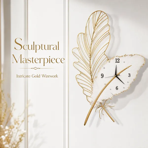 Megorah_Aurelia_Feather_Luxury_Metal_Wall_Clock_–_Modern_Decorative_Wall_Art_for_Living_Room