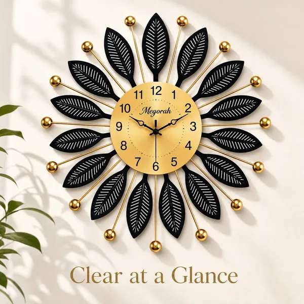 Megorah_Black_Leaf_Elegant_Decorative_Wall_Clock_|_Modern_Decorative_Silent_Wall_Clock_for_Living_Room_&_Bedroom