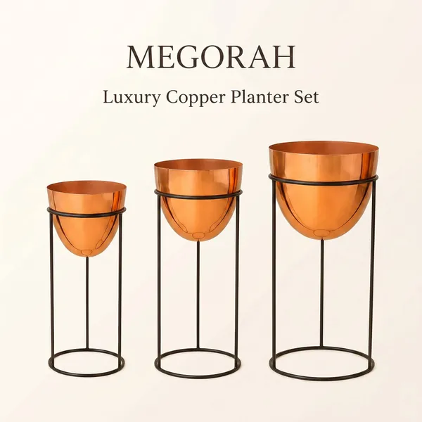 MEGORAH'S_Premium_Copper_Metal_Planter_Stand_Set_of_3_with_Black_Frame_|_Modern_Indoor_Plant_Holders